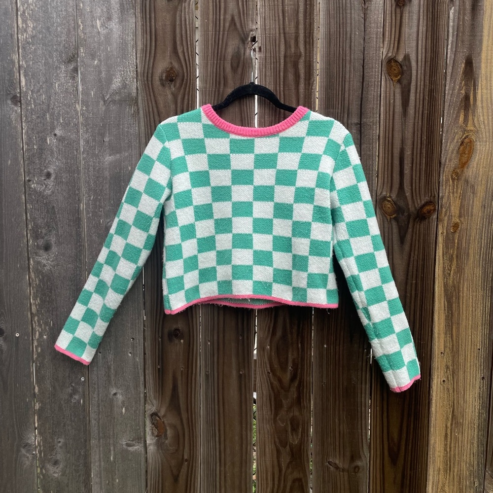 Green and Pink Checkered Crew Neck Sweater
